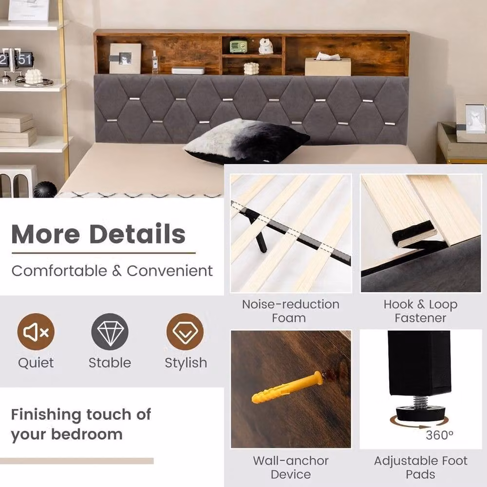NESTLUNE Grey Velvet Upholstered Double Bed Frame with Lift Up Base – 3