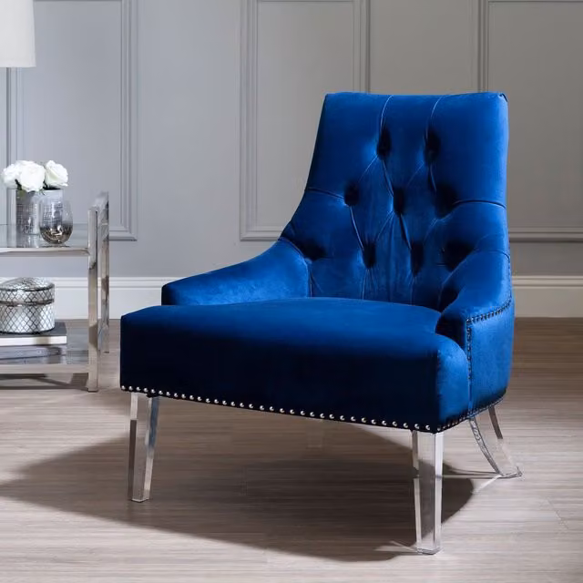 Fifty Five South Modern Blue Velvet Tub Chair with Armrests and Silver Accents – 2
