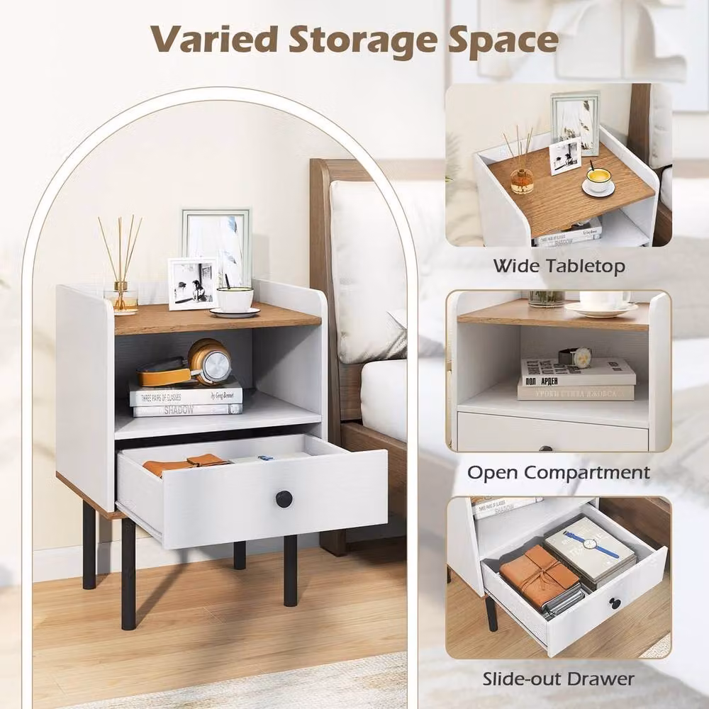VOGREX Set of 2 White Modern Bedside Nightstands with Drawer and Open Storage Shelf – 2