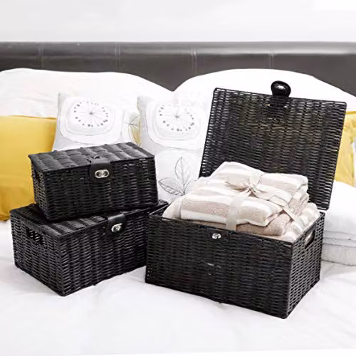 Arpan Set of 3 Resin Woven Storage Basket Boxes with Lid and Lock in Black – 2