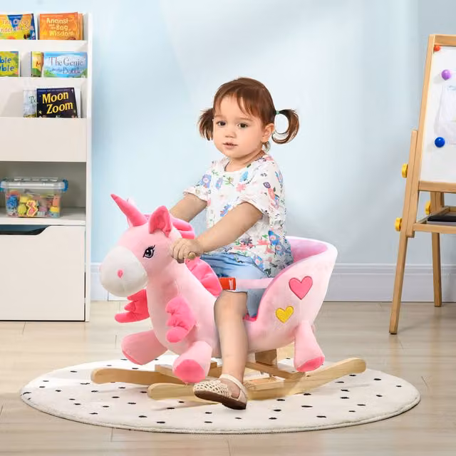 HOMCOM Pink Plush Unicorn Rocking Horse with Interactive Songs