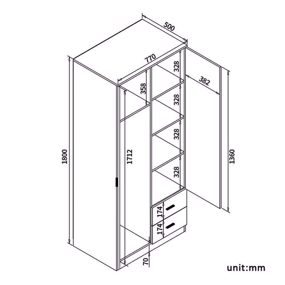 FORGEVIO White Modern 2 Door 2 Drawer Wardrobe with Hanging Rod, H 180 x W 77 x D 50 cm – 2
