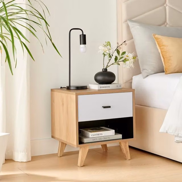 FurnitureboxUK Bisset Scandinavian Style Storage Bedside Table in Off-White and Wood Effect