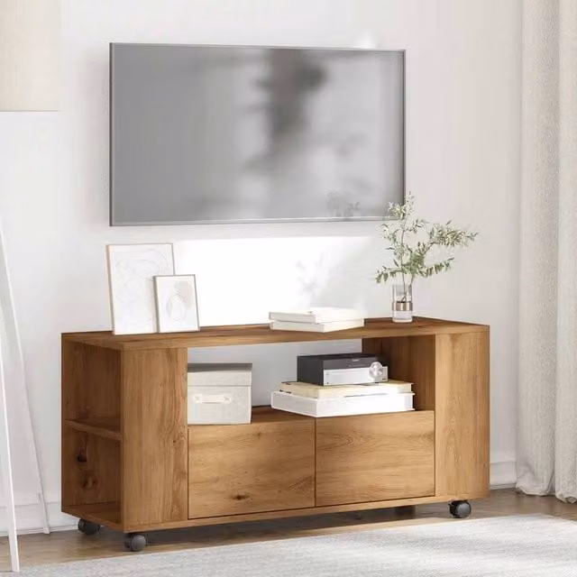Berkfield Home Artisan Oak TV Cabinet with Castors, Brown, W: 102 cm, D: 34.5 cm, H: 43 cm – 1