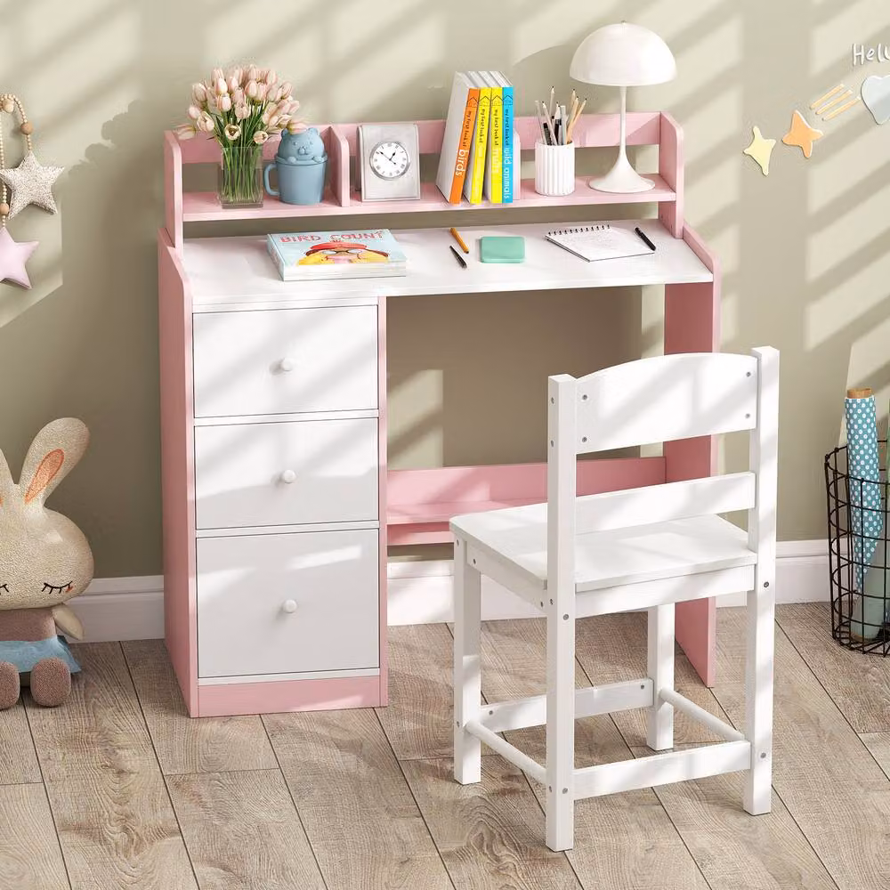 Costway Kids Study Desk and Chair Set with Wooden Hutch and Storage Shelf in Pink and Multicolour – 3