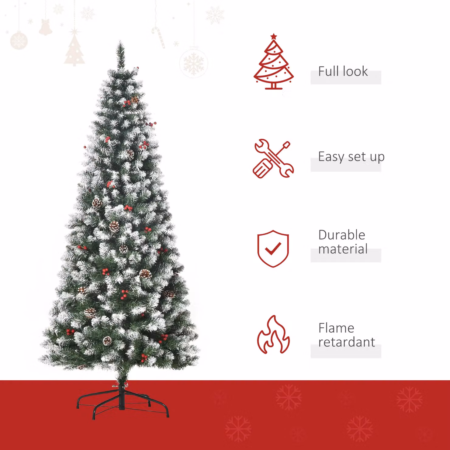 HOMCOM 6ft Artificial Pencil Christmas Tree with Pinecones and Berries in Green and Red – 3