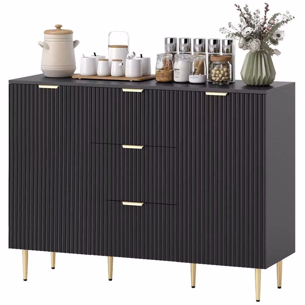 STILVORA Black Classic Sideboard with 3 Drawers and 2 Door Cupboards – 5