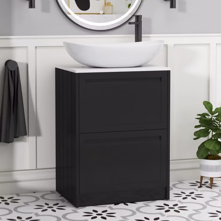 Royal Bathrooms Elmore 600mm Floor Standing 2 Drawer Vanity Unit in Matt Nocturne Black with Plain White Worktop and Cesar Basin