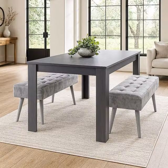 KOSY KOALA Modern Dining Table Set with 2 Grey Velvet Benches in Brown and Grey – 1