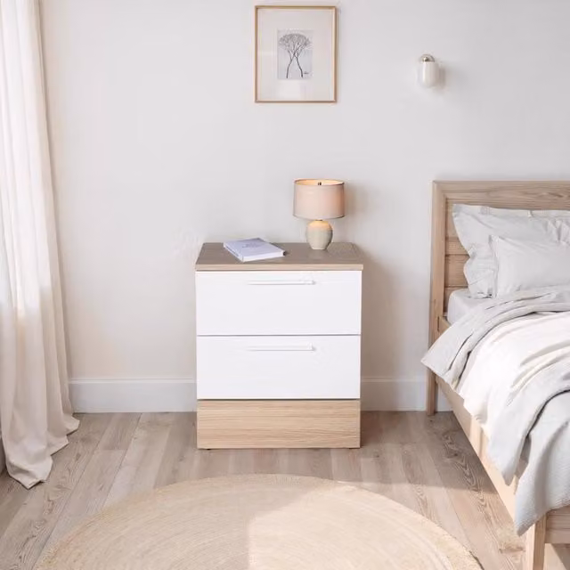 FWStyle Modern 2 Drawer Bedside Table in Matt White and Oak