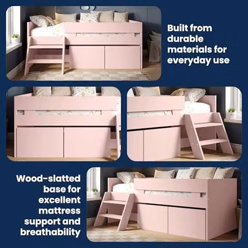 Flair Furnishings Logan Kids Single Low Sleeper Bed with Storage Drawers, Pink – 5