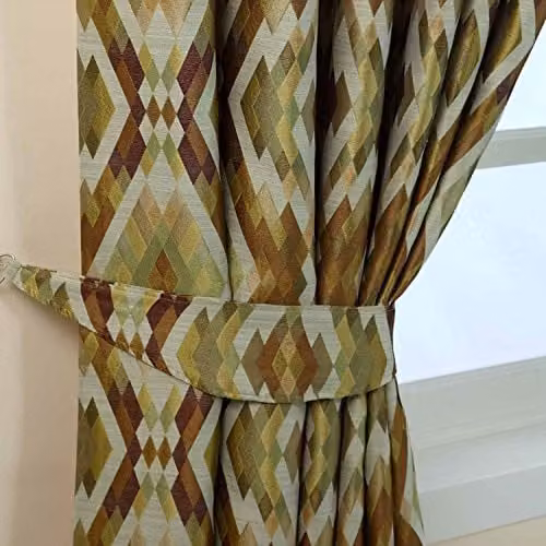 Homescapes Pair of Contemporary Diamond Design Curtain Tie Backs in Green, Gold and Multicolour