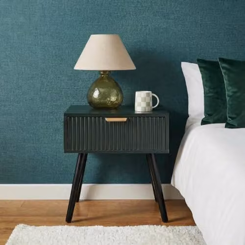 OHS Modern Ribbed Wood Bedside Table with 1 Drawer in Dark Green, W/D/H: 40 x 30 x 45 cm – 2