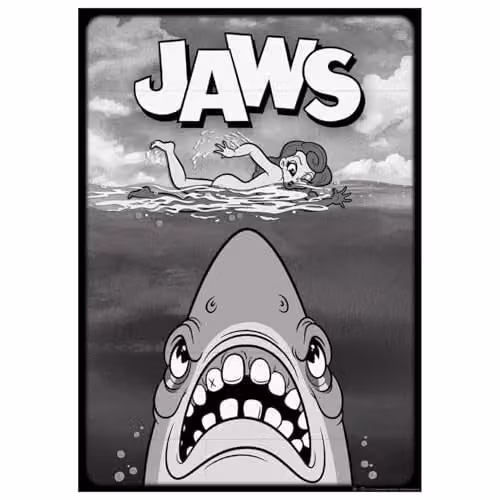 FaNaTtik Jaws Cartoon-style Limited Edition and Numbered A3 Paper Art Print in Grey, W: 29.7 cm, H: 42.0 cm – 1