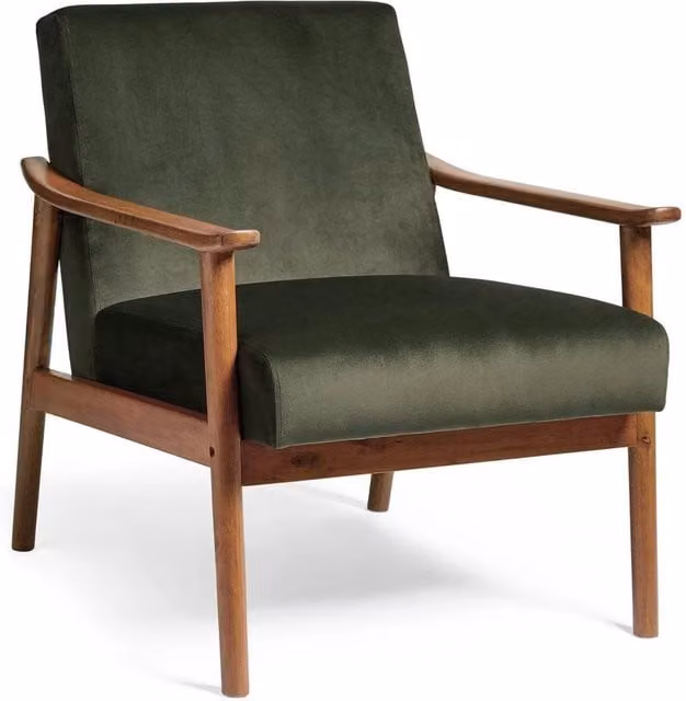 VonHaus Mid-Century Green Velvet Armchair with Rubberwood Legs