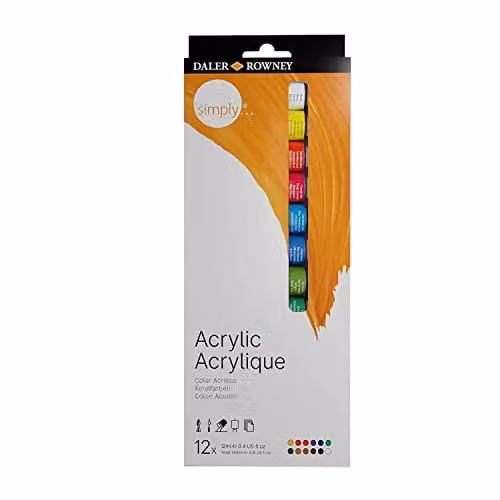 Daler-Rowney Simply Acrylic Paint Set, 12 Assorted Colours, 12 x 12ml – 1