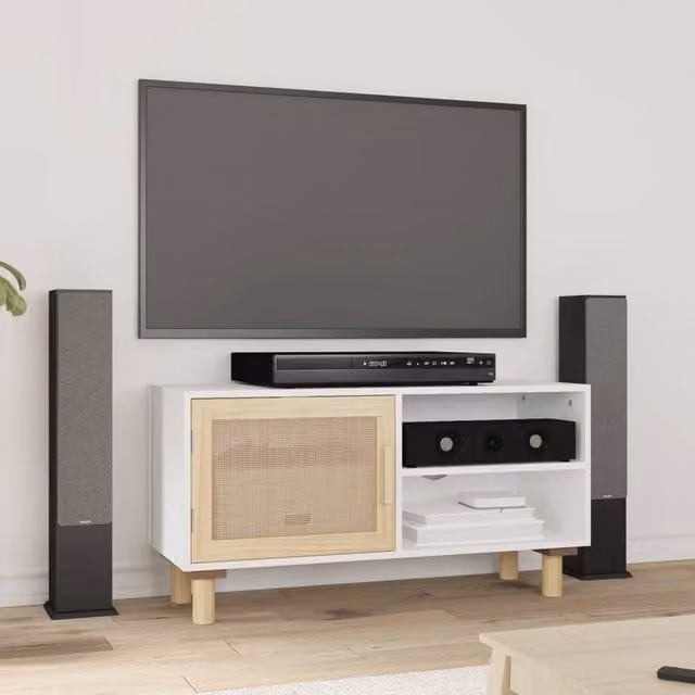 Berkfield Home White TV Cabinet in Solid Pine and Natural Rattan, W/D/H: 80 x 30 x 40 cm – 1