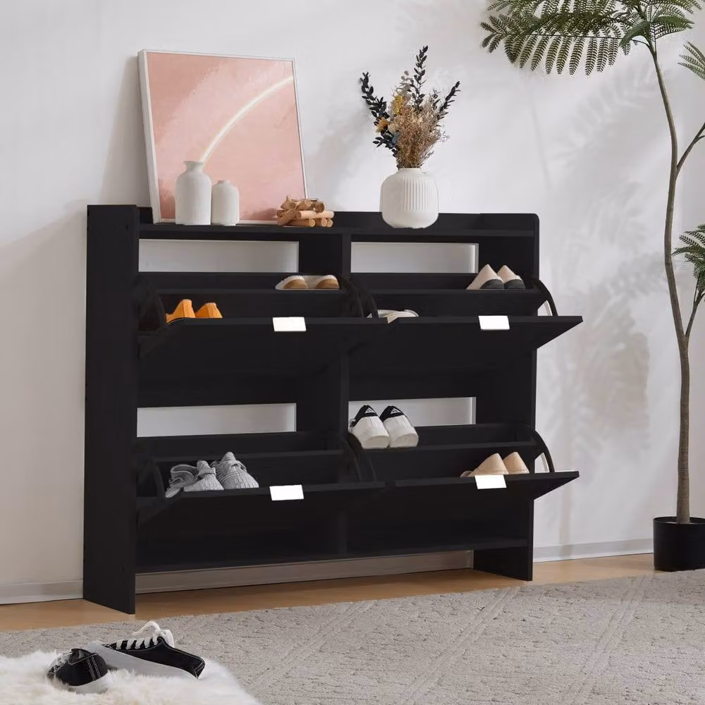 ModernLuxe Modern Black Shoe Cabinet with 4 Tilting Compartments and Open Storage – 2