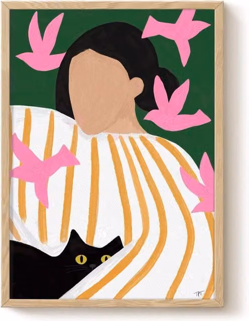 The Paper Tail Pink Birds and Black Cat Multicolour Art Print, Size: 29.7 x 42.0 cm – 1