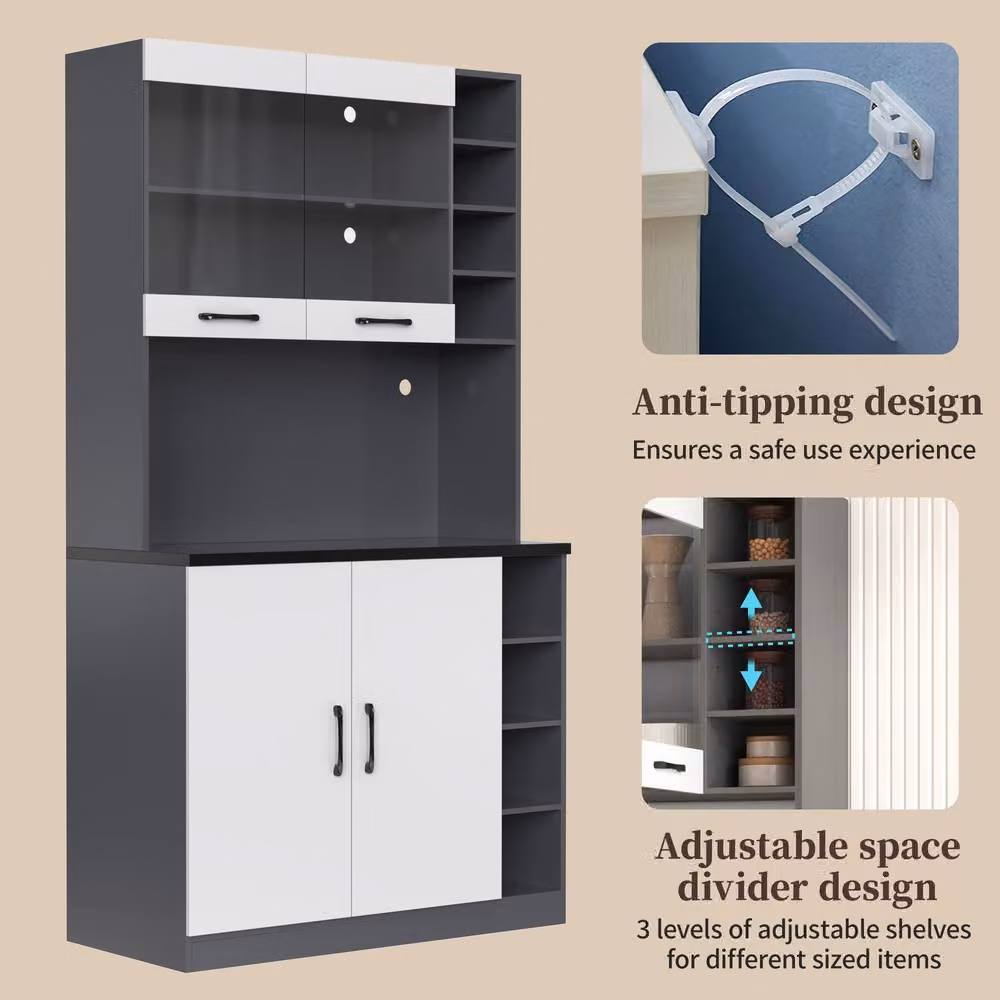 Merax Tall Kitchen Storage Cabinet Pantry with LED Open Shelves in White – 3