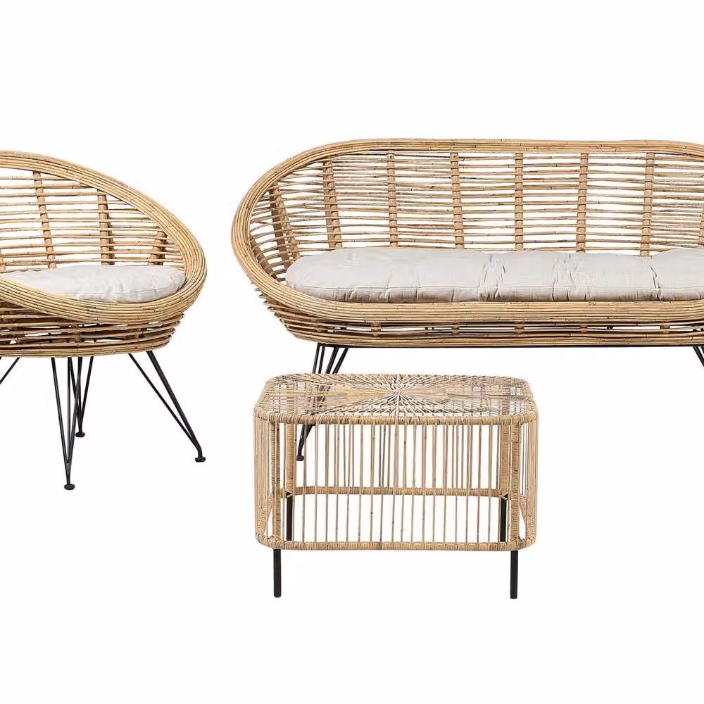 Wyld and Coco 3-Seater Rattan and Metal Sofa Set with Coffee Table in Beige and Sand – 2