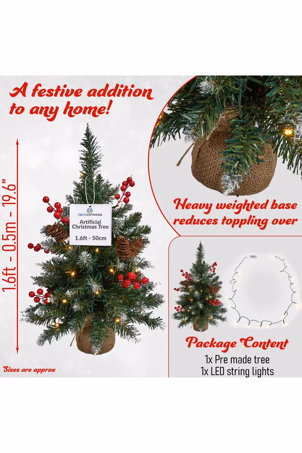 Deco Express Green Christmas Tree with LED Lights, 0.5m – 3