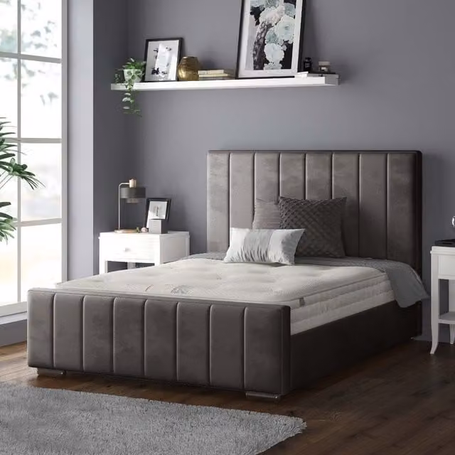 IH Design Modern Upholstered Striped Velvet Bed Frame in Grey Anthracite, W: 180 cm, D: 200 cm