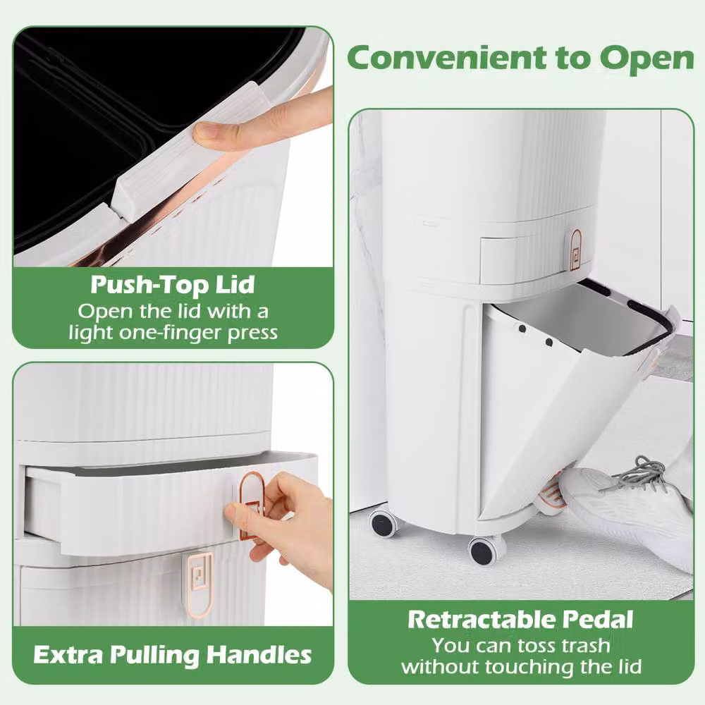 Gymax 42-litre White Kitchen Recycling Bin with 2 Detachable Buckets and Wheels – 5