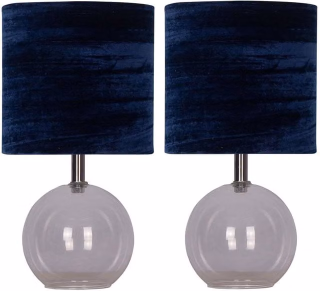 First Choice Lighting Set of 2 Buck Clear Glass Table Lamps with Blue Fabric Shades – 1