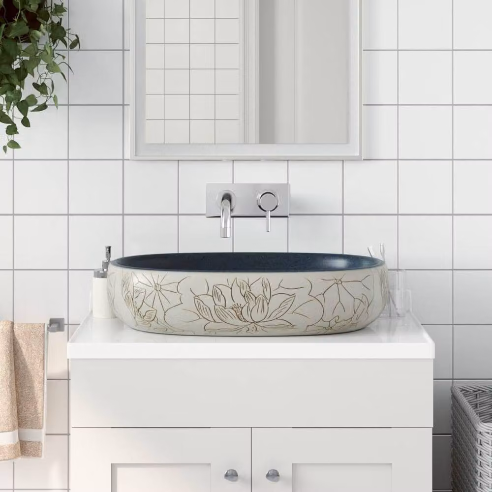 Berkfield Home Oval Ceramic Countertop Basin in Sand and Blue, W: 59 cm, D: 40 cm, H: 14 cm – 2