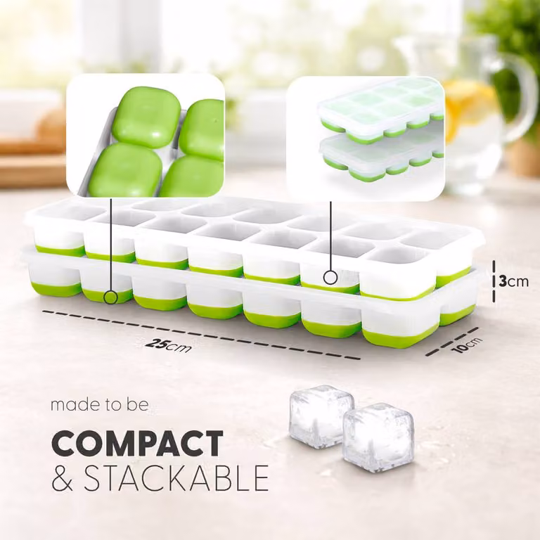 Keplin 2 Pack BPA Free Silicone Ice Cube Trays with Non-Spill Lids, Green