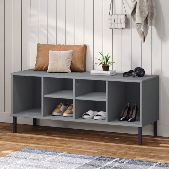 Berkfield Home OSLO Solid Wood Shoe Rack with Metal Legs, Grey, W/D/H: 106 x 35 x 45 cm – 1