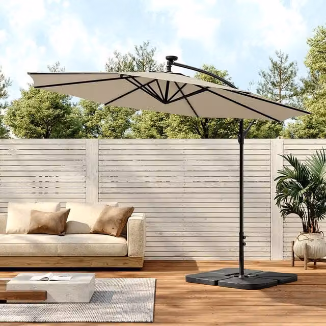 Livingandhome 32 LED Lighted Cantilever Banana Hanging Parasol with Base, Beige