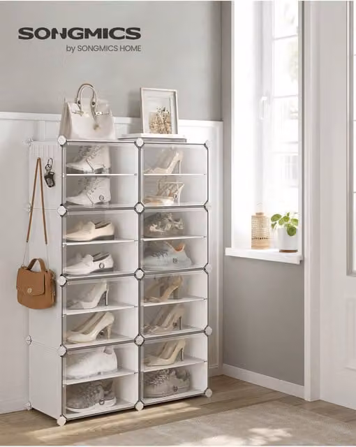 SONGMICS White Interlocking Plastic and Metal Shoe Storage Cabinet with Transparent Glass Doors and Ventilation