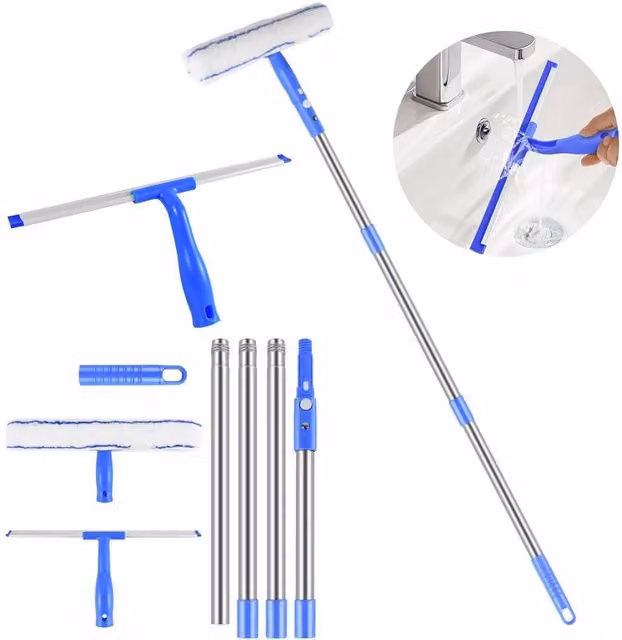 KORVIXA Window Cleaning Kit with Telescopic Handle and Refillable Microfibre Squeegee, Blue/Multicolour, Width: 100 cm