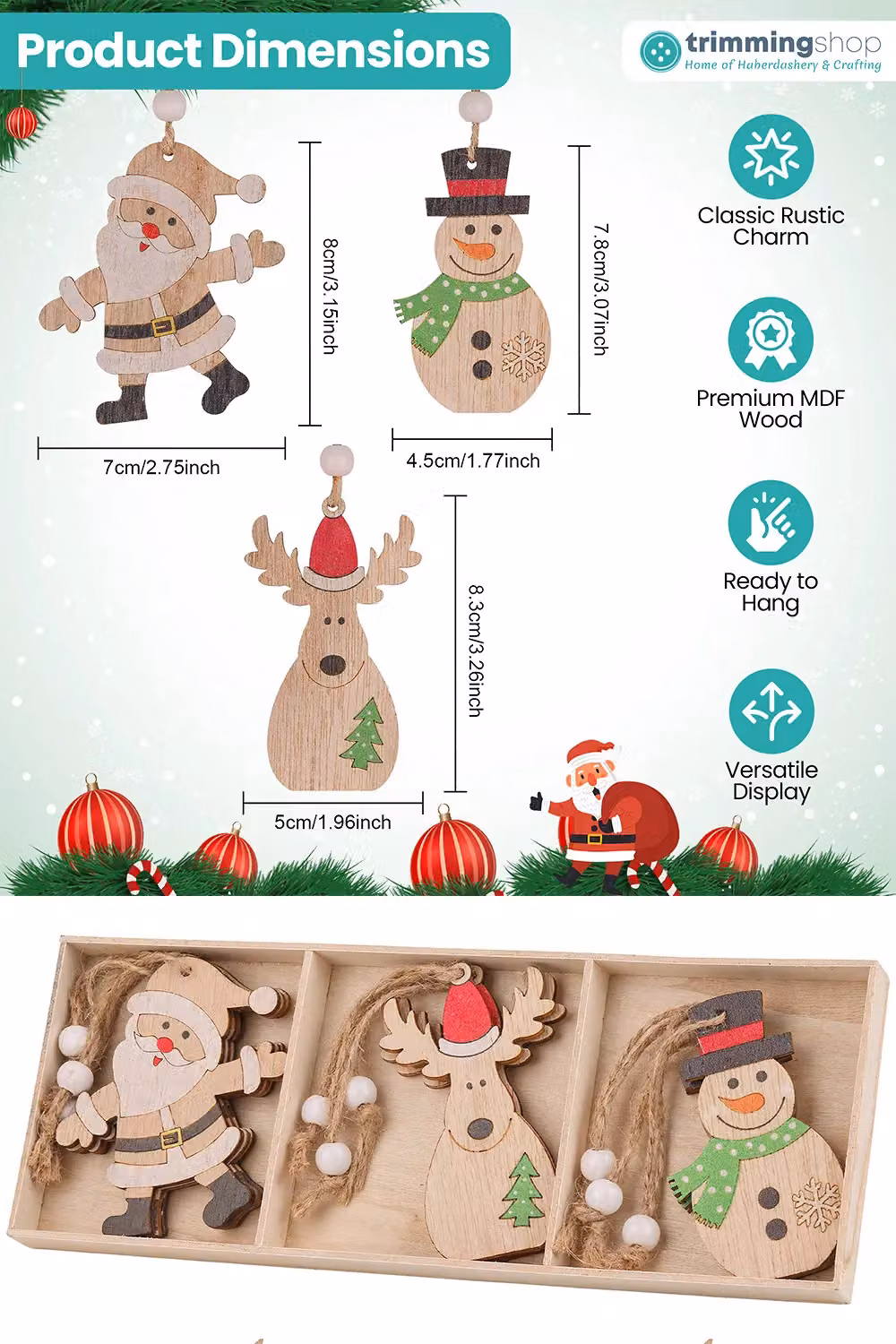Neel Blue Pack of 9 Beige Scandinavian Wooden Christmas Tree Ornaments featuring Santa, Reindeer and Snowman Figures – 2