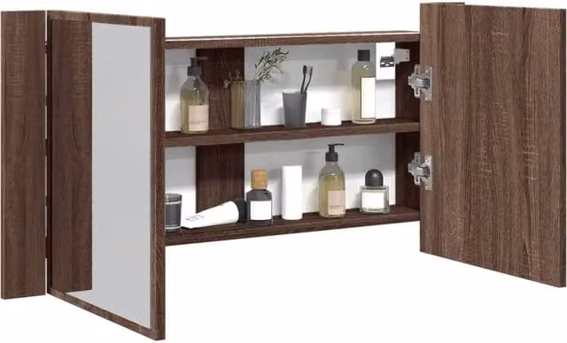 Berkfield Home LED Bathroom Mirror Cabinet in Brown Oak, W: 90 cm, D: 12 cm, H: 45 cm – 1