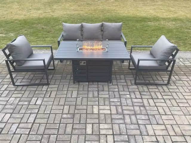 Fimous 5 Seater Aluminium Outdoor Garden Furniture Set with Gas Fire Pit Dining Table and 2 Armchairs in Dark Grey