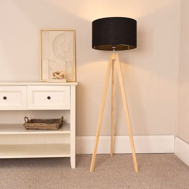 ValueLights Jackson Natural Wood Tripod Floor Lamp with Black Fabric Cylinder Shade and LED Bulb – 1