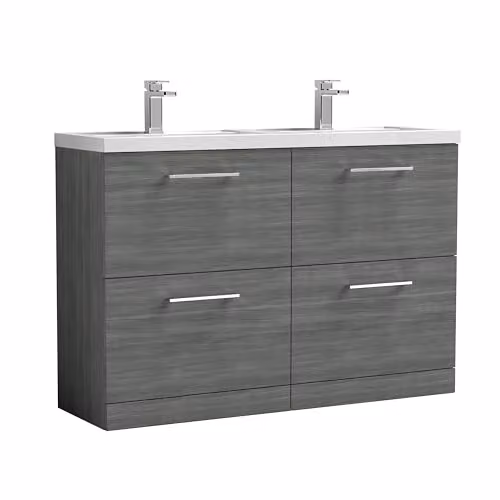 Balterley Woodgrain Anthracite Floor Standing Twin Basin Vanity Unit with 4 Soft Close Drawers and Rectangular Sinks, W/D/H: 120.5 x 38.3 x 84.0 cm