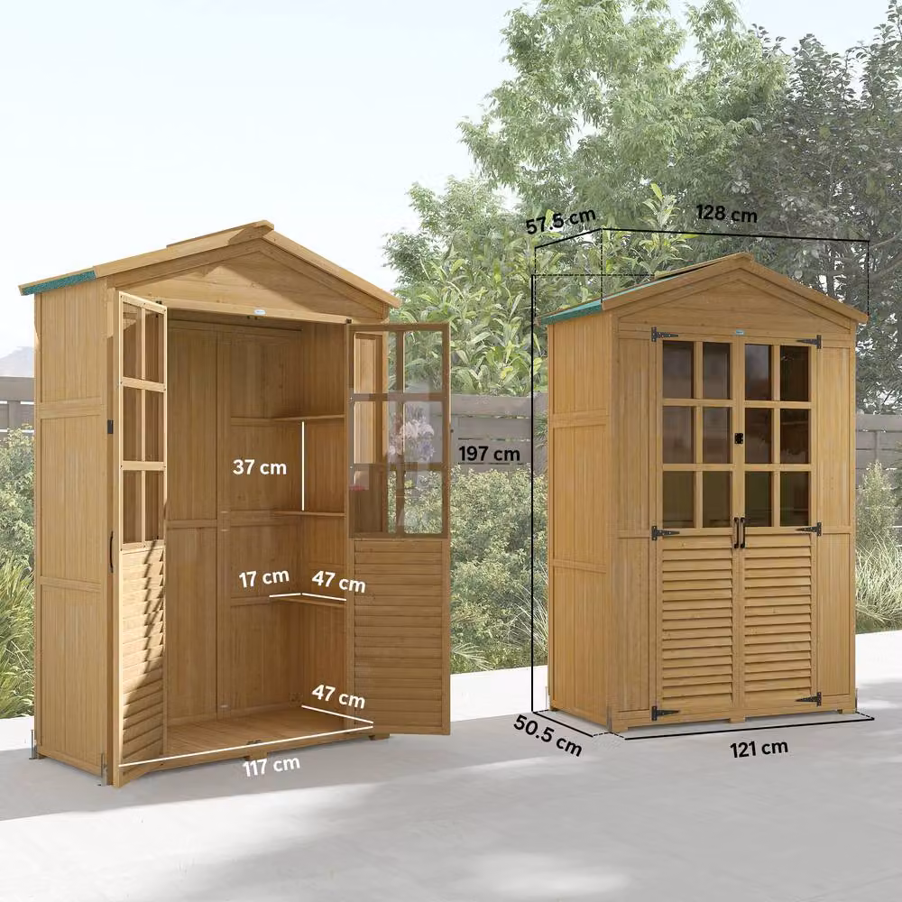 OUTSUNNY Brown Tall Outdoor Storage Cabinet with Glass Hinged Doors, H 197.0 x W 121.0 x D 50.5 cm – 3