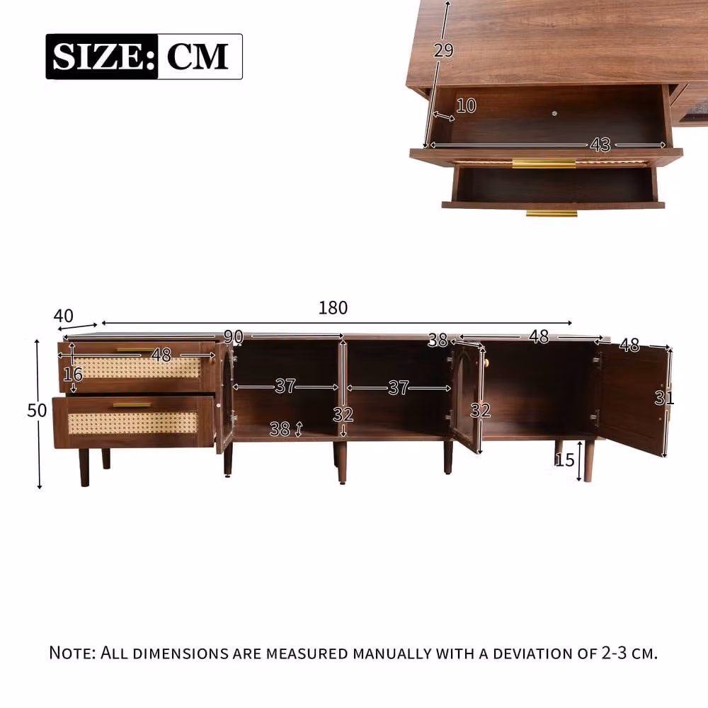 Matteo Brown Rustic Wood TV Cabinet with Rattan Drawers, Glass Doors and Integrated LED Lighting, Width: 180 cm – 4