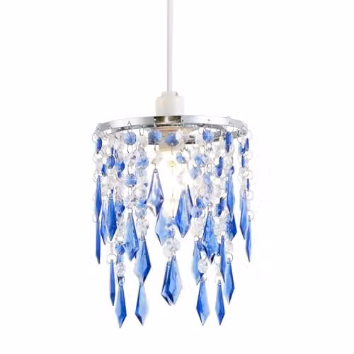 Happy Homewares Modern Waterfall Pendant Shade with Clear and Midnight Blue Acrylic Droplets and Chrome Metal Ring, Diameter: 16 cm