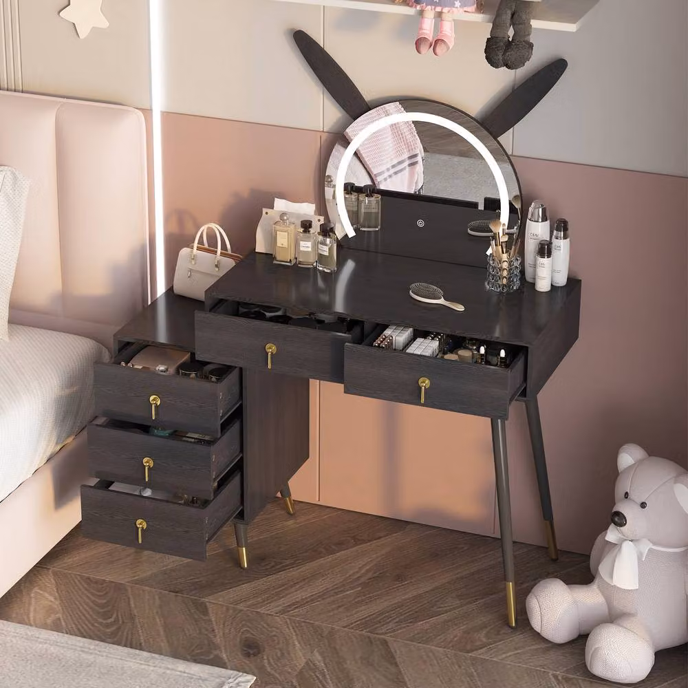 KEEPREAPER Modern Dressing Table with LED Mirror and 5 Drawers in Black with Metal Legs – 3