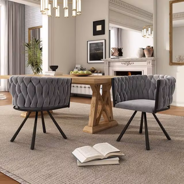 Merax Set of 2 Grey Velvet Swivel Dining Chairs with Metal Legs