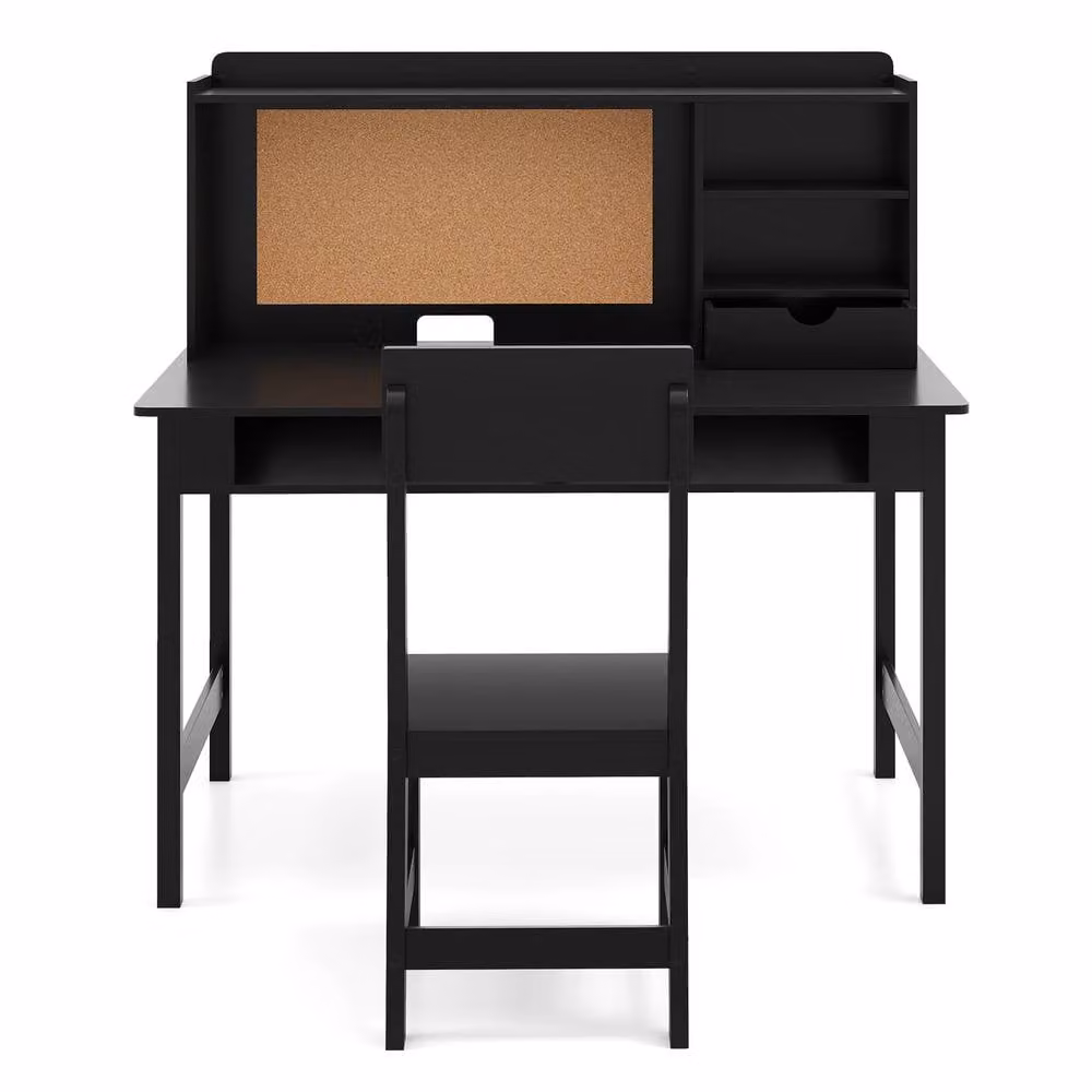 CASART Kids Wooden Study Table and Chair Set with Hutch and Shelves in Black – 2