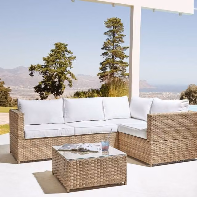 Wyld and Coco Left Hand L Shaped Corner Sofa Set in White PE Rattan with Fabric Cushions