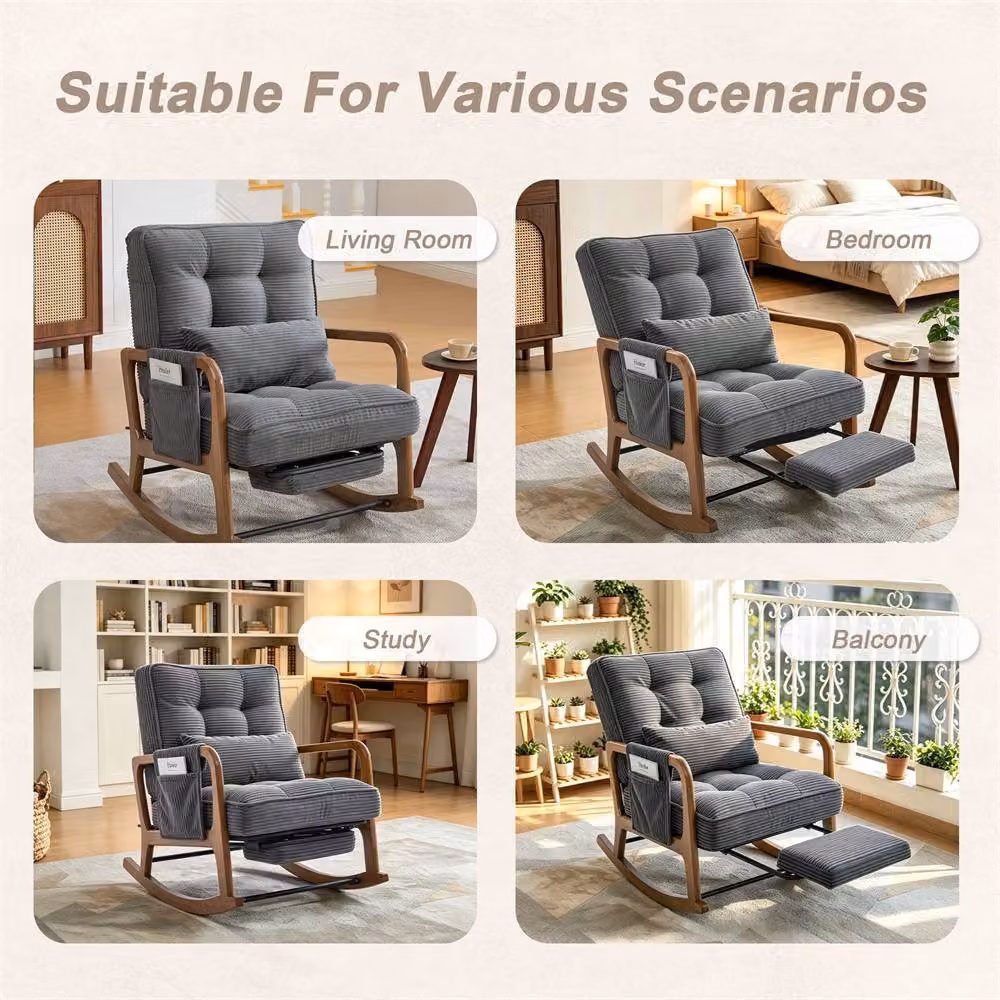 Direct Wicker Grey Corduroy Upholstered Rocker Glider Chair with Footrest and Side Pocket – 7
