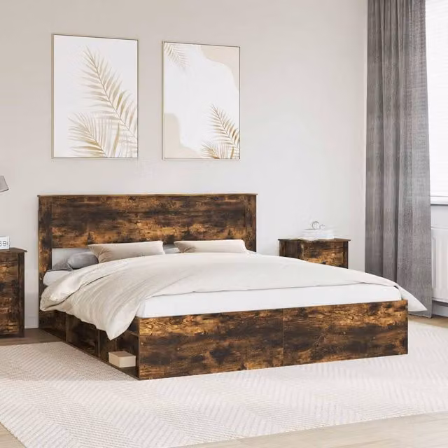 Berkfield Home Modern Bed Frame in Smoked Oak and Brown Solid Pine Wood, W/D/H: 180 x 200 cm – 1