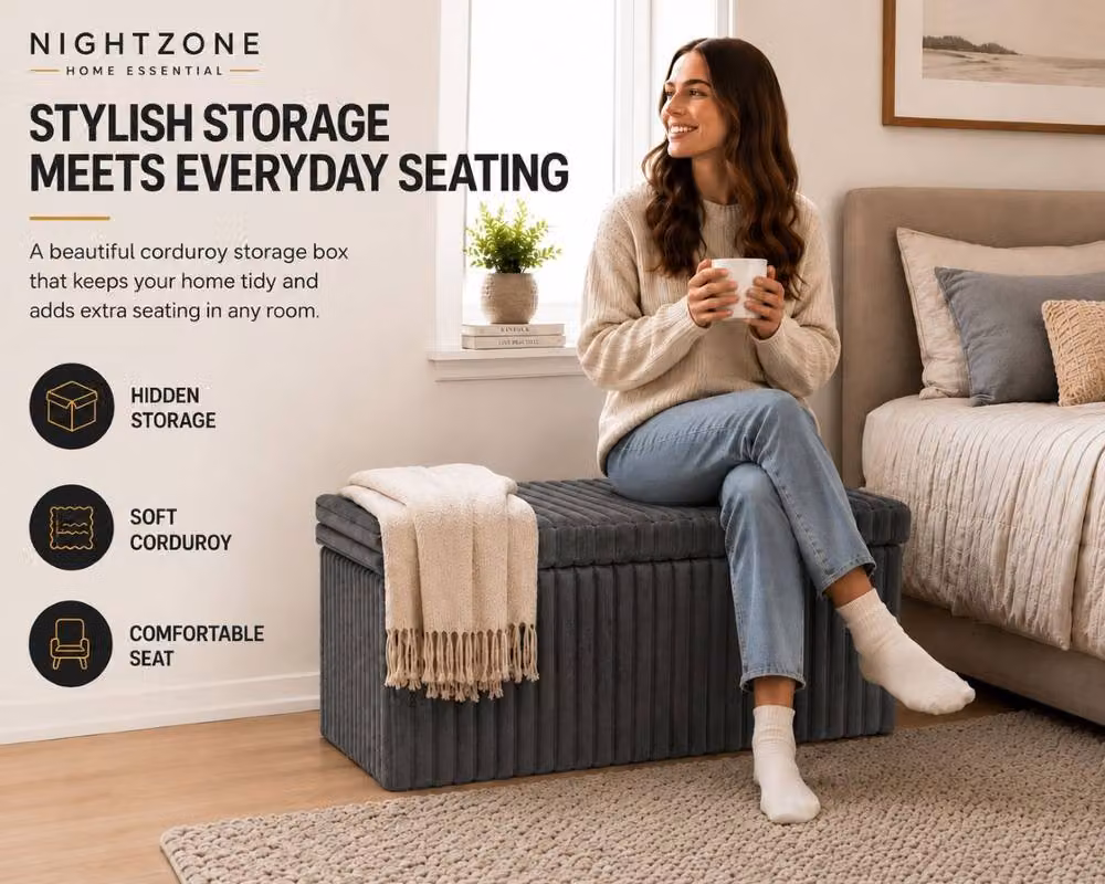 Homes-Linen Corduroy Ribbed Foldable Storage Ottoman in Charcoal Grey, W: 78 cm, D: 38 cm, H: 38 cm – 3